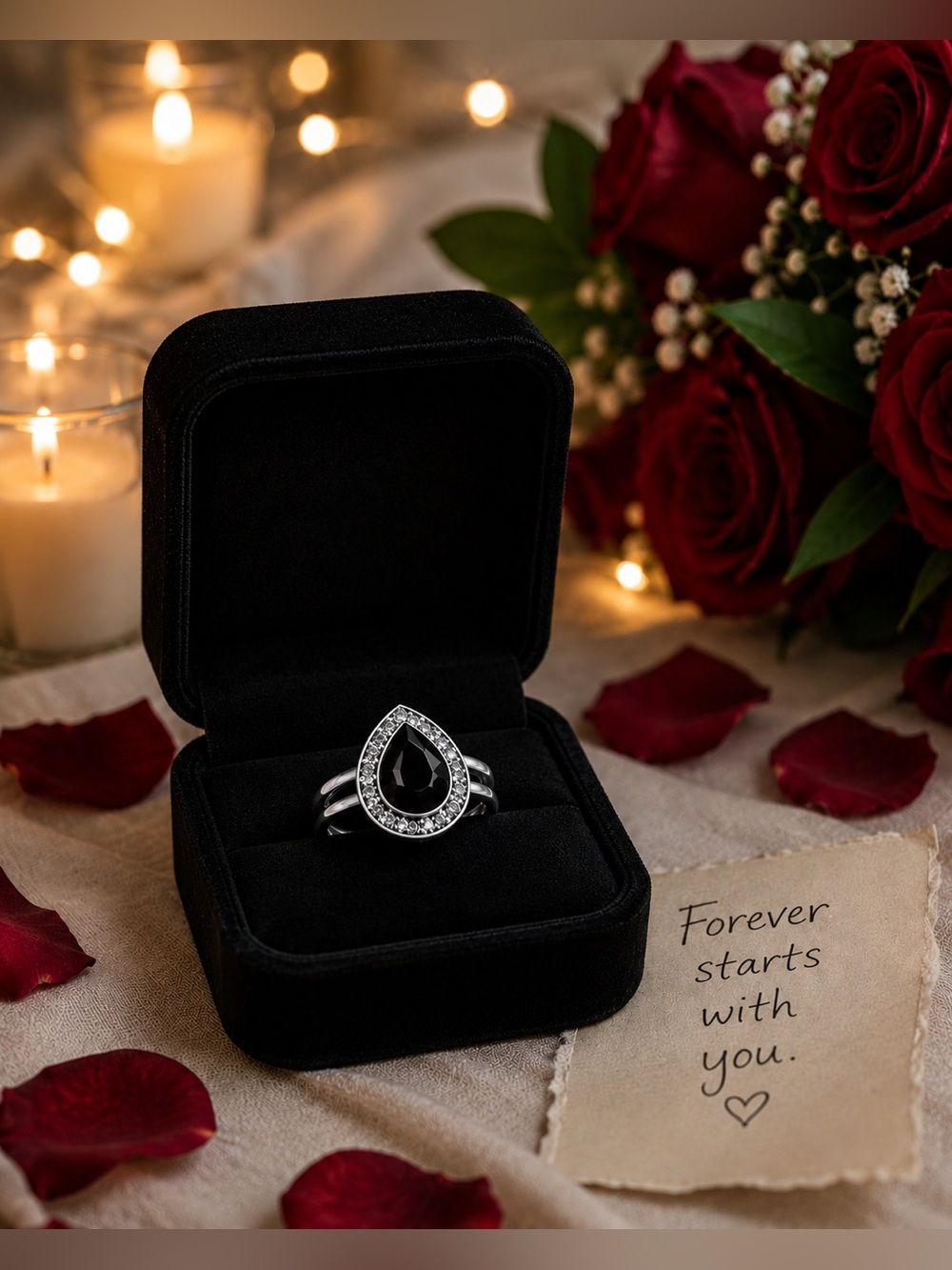 Black Onyx Pear Halo Ring | Double Band | Size 5.5–6